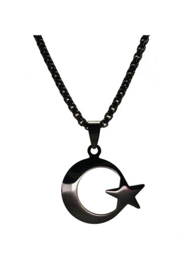 Siyah Ay yıldız Bayrak Çelik Erkek Kolye Zincir - Sevgiliye - Eşe- Babaya - Arkadaşa Kolye