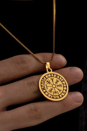 Viking Pusulası Model Sarı Renk Erkek Çelik Kolye - Sevgiliye - Eşe- Babaya - Arkadaşa Kolye