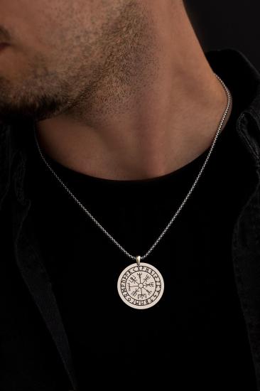 Viking Pusulası Model Beyaz Renk Erkek Çelik Kolye - Sevgiliye - Eşe- Babaya - Arkadaşa Kolye