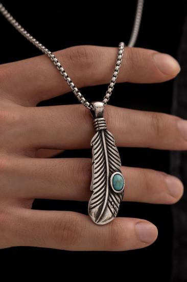 Tüy Model Turkuaz Taşlı Erkek Çelik Kolye - Sevgiliye,Eşe,Babaya,Arkadaşa Hediye Çelik Kolye