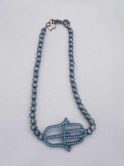 Vog Firüze Taşlı Fatma Ananın Eli Siyah Rhodiumlu 925 Ayar Gümüş Sevgiliye,Anneye Bileklik