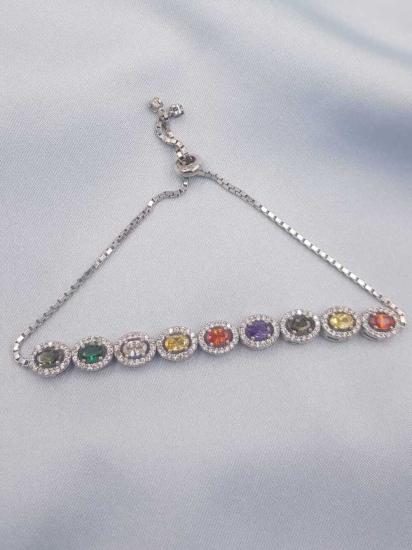 Vog Renkli Miks Taş Detaylı 925 Ayar Gümüş Sevgiliye,Anneye,Arkadaşa Asansör Sistemli Bileklik