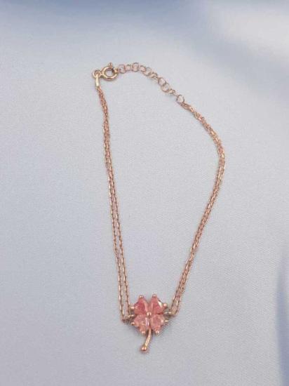 Vog Pembe Taşlı Yonca 925 Ayar Gümüş Sevgiliye,Anneye,Arkadaşa Hediye Bileklik