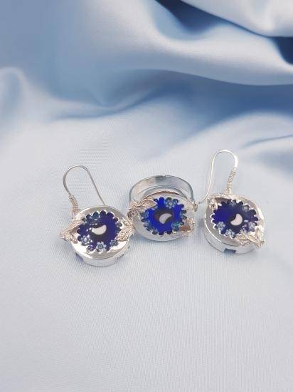 Vog Mavi İşleme Taşlı El İşi 925 Ayar Gümüş Yüzük V Küpe İkili Set