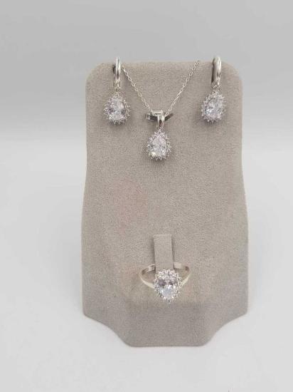 Vog Swarovski Taşlı Damla Model 3’Lü 925 Ayar Gümüş Set Kolye,Yüzük,Küpe