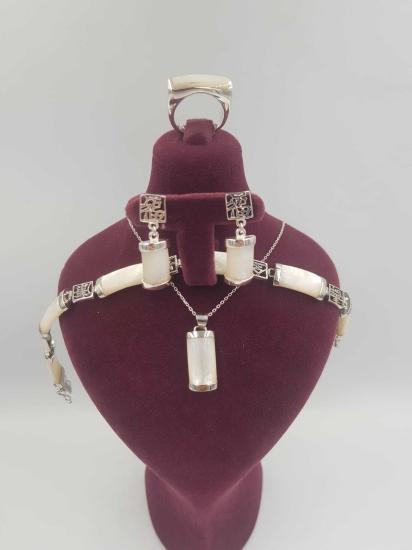 Vog Sedef Taşlı 4’Lü Set Sevgiliye,Anneye,Arkadaşa Hediye Bileklik,Kolye,Küpe,Yüzük 