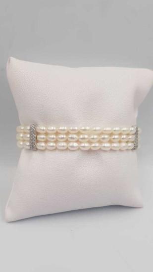 Vog 14 Ayar Beyaz Altın 3 Sıralı Gerçek Doğal Oval İnci Sevgiliye,Anneye,Eşe,Hediye Şık Bileklik  