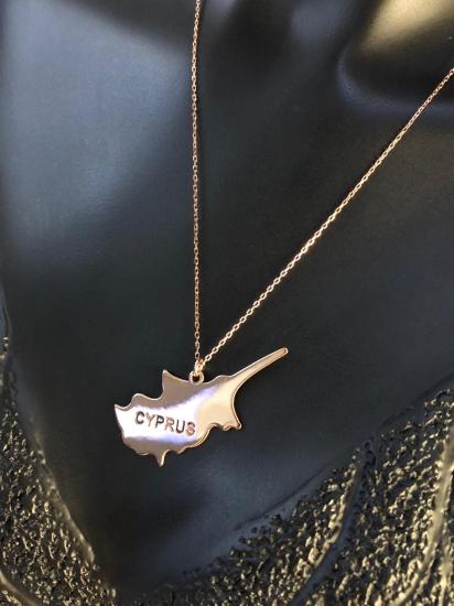 Kadın Gümüş Kolye - Kıbrıs (CYPRUS) Haritası Bayrağı Rose Renk 925 Ayar Gümüş Ülke Kolye
