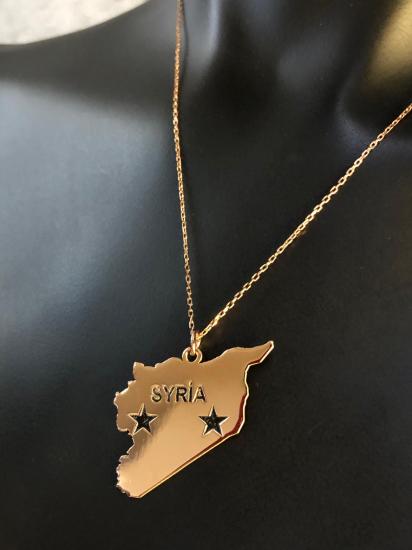 Kadın Gümüş Kolye - Suriye (SYRİA) Haritası Bayrağı Rose Renk 925 Ayar Gümüş Ülke Kolye