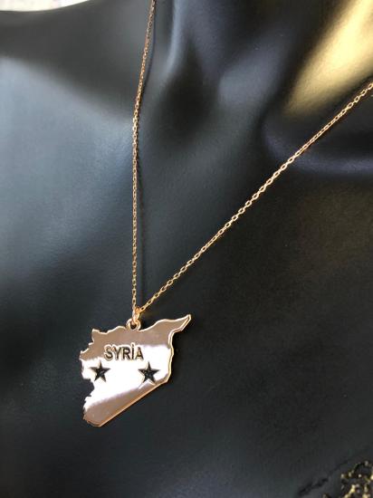 Kadın Gümüş Kolye - Suriye (SYRİA) Haritası Bayrağı Rose Renk 925 Ayar Gümüş Ülke Kolye
