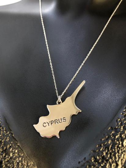 Erkek Kadın Gümüş Kolye - Kıbrıs (CYPRUS) Haritası Bayrağı Beyaz Renk 925 Ayar Gümüş Ülke Kolye