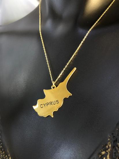 Kadın Gümüş Kolye - Kıbrıs (CYPRUS) Haritası Bayrağı Gold Renk 925 Ayar Gümüş Ülke Kolye