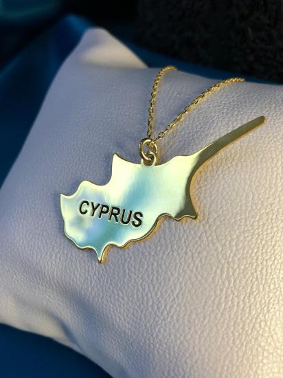 Kadın Gümüş Kolye - Kıbrıs (CYPRUS) Haritası Bayrağı Gold Renk 925 Ayar Gümüş Ülke Kolye