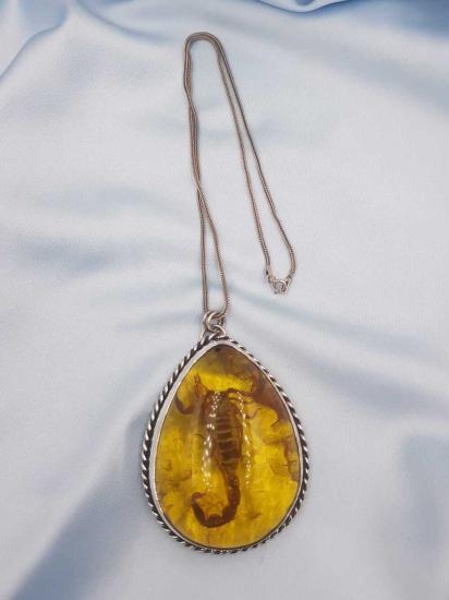 Vog Reçine İçinde Gerçek Akrep El İşi 925 Ayar Gümüş Sevgiliye,Anneye,Babaya,Arkadaşa. Hediye Kolye