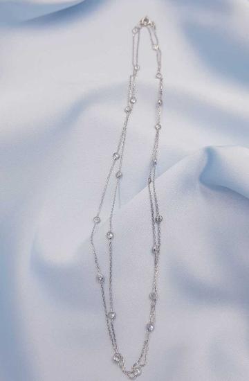 Vog Zirconia Ufak Taşlı Uzun Boy 90 Cm Beyaz Renk 925 Ayar Gümüş Sevgiliye,Anneye,Arkadaşa Kolye