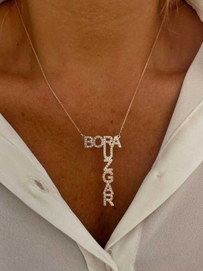  Vog Kişiye Özel İkili İsim Tasarım Taşlı 925 Ayar Gümüş Sevgiliye,Eşine,Anneye,Arkadaşa Kolye