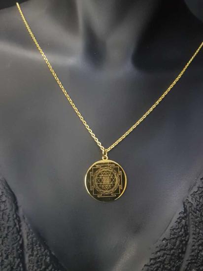 Kadın Gümüş Kolye - Sri Yantra V Yaşam Çiçeği Gold Renk 925 Ayar Çift Yönlü Kolye