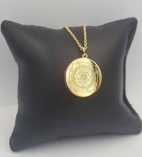 Kadın Gümüş Kolye - Sri Yantra V Yaşam Çiçeği Gold Renk 925 Ayar Çift Yönlü Kolye