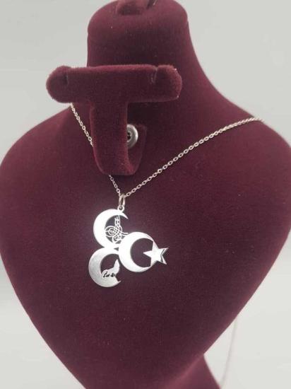 Vog Unisex Üç Hilal Tuğra,Kurt V Ay Yıldız 925 Ayar Gümüş Sevgiliye,Anneye,Arkadaşa Hediye Kolye