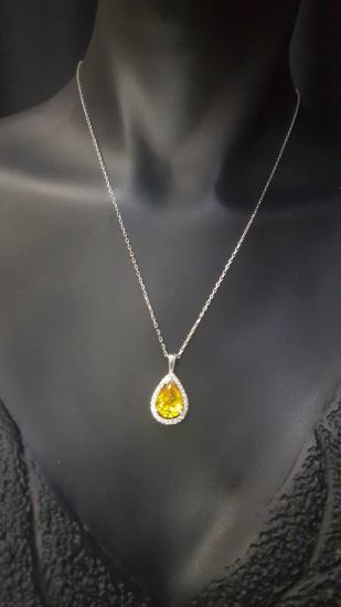 Vog Swarovski Sarı Damla Kesim 925 Ayar Gümüş Sevgiliye,Anneye,Arkadaşa Hediye Kolye