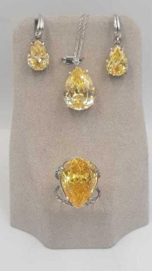 Vog Swarovski Kesim Sarı Sitrin Damla Tasarım 3’Lü Set Gümüş Sevgiliye,Eşe Yüzük,Küpe,Kolye