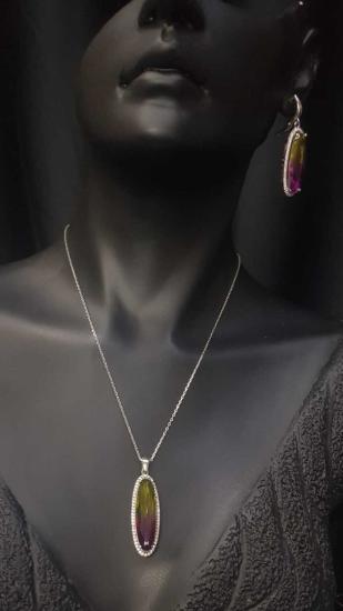 Vog Ametrin Damla Kesim Taş 925 Ayar Gümüş Sevgiliye,Anneye,Eşe 3’Lü Set Yüzük,Küpe,Kolye