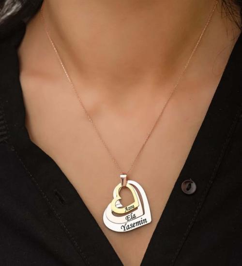 Vog Kişiye Özel İsimli 3’Lü Kalp Eşe,Anneye 925 Ayar Gümüş Hediye Kolye