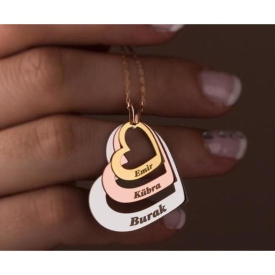 Vog Kişiye Özel İsimli 3’Lü Kalp Eşe,Anneye 925 Ayar Gümüş Hediye Kolye