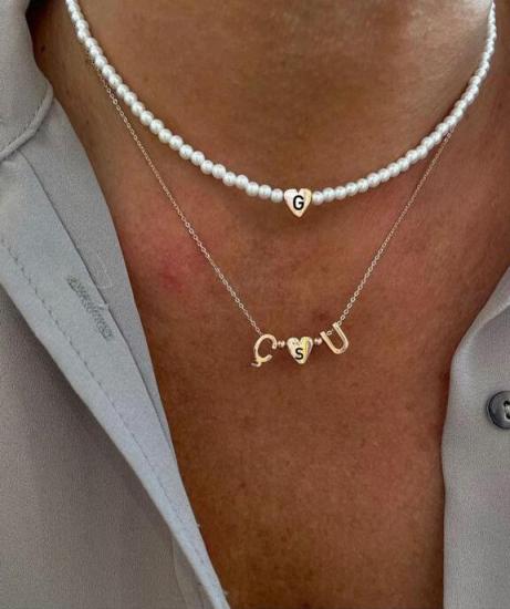 Vog Kişiye Özel İncili Kalp V Harf Kalp İkili Set 925 Ayar Gümüş Sevgiliye,Anneye,Arkadaşa Kolye