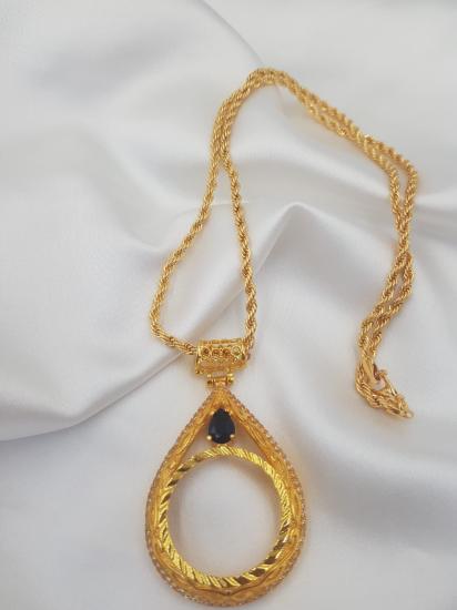 VOG 24 Ayar Kaplama Tam Altın Takılan Sentetik Safir Taşlı Burgu Halat Zincirli Kolye