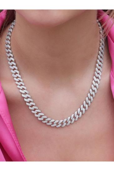 Vog Lüks Zirconia Taşlı Cuban Chain Zincir 925 Ayar Gümüş Rhodium Kaplama Kolye