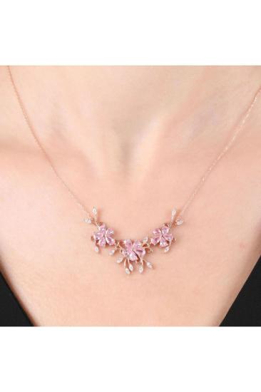 Vog Pırlanta Montür Pink Taşlı Gül Rüyası Rose Renk Flowers 925 Ayar Gümüş Kolye