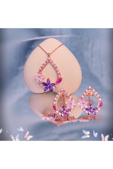 Vog Manolya Çiçeği Ametist Damlası Rose Renk Flowers 925 Ayar Gümüş Ikili Set