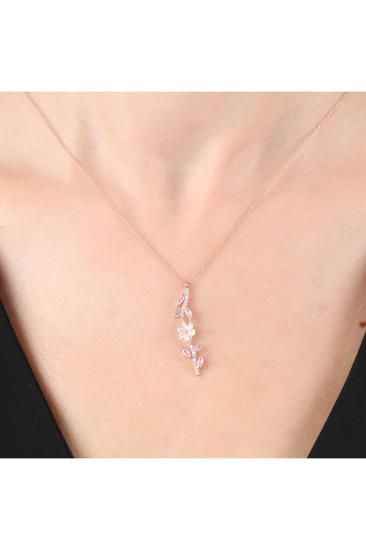 Vog Pink Taşlı Manolya Çiçeği Zarafet Bağı Rose Renk Flowers 925 Ayar Gümüş Kolye