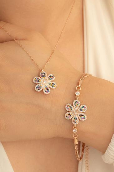 Vog Mix Taşlı Karışık Renk Çiçek Motifli 925 Gümüş Sevgiliye,Eşe,Anneye Hediye Bileklik Kolye Set