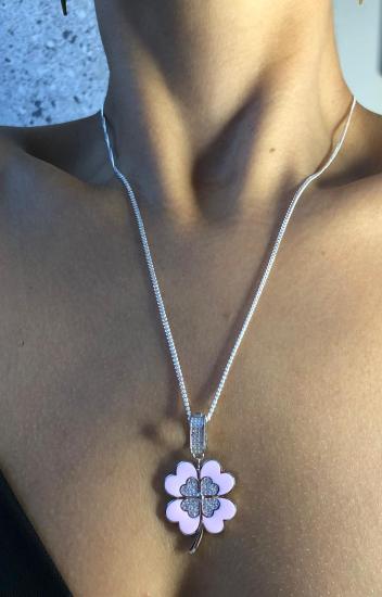 Yonca Kolye Pembe Mineli • 925 Ayar Gümüş Sevgiliye • Eşe • Anneye • Arkadaşa İyi Şans Kolyesi