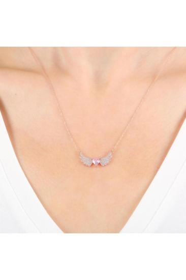 Vog Pırlanta Montür Melek Kalbi Pink Taşlı Rose Renk 925 Ayar Gümüş Kolye 