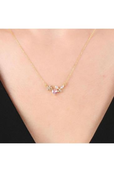 Vog Işıltılı Kelebek Kalbi Gold Renk Flowers 925 Ayar Gümüş Kolye