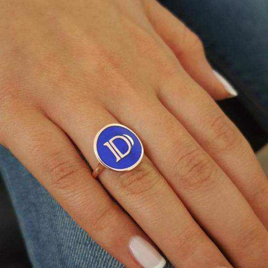 Vog Kişiye Özel Siyah Oval Tasarım Harf 925 Ayar Gümüş Sevgiliye,Anneye,Eşe,Arkadaşa Hediye Yüzük