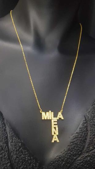 Vog Kişiye Özel İkili İsim Mina-Lena Yazılı Taşlı 925 Ayar Gümüş Kolye