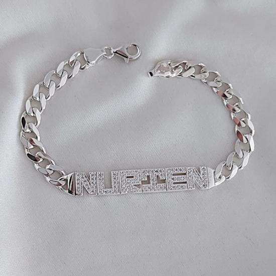 Nurten Yazılı Taşlı Oynak Isim Künye 925 Gümüş Işıklı Kutuda • Sevgiliye • Eşe • Anneye Bileklik