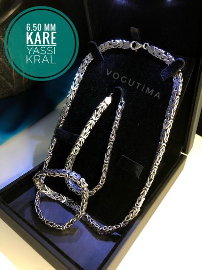 6.5 mm Dikdörtgen Kesim Yassı Kral Gümüş Set • Işıklı Kutuda • Sevgiliye • Eşe Bileklik Kolye