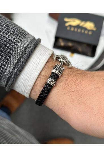 Vog Siyah Taşlı Çapa Model Deri Kordonlu Sevgiliye Eşe Babaya Arkadaşa Kaplama Bileklik