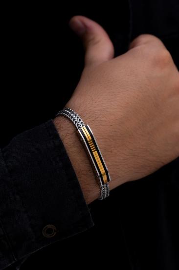 Sarı Model Çift Sıra Örüm Zinciri Çelik Bileklik - Sevgiliye - Eşe - Babaya Hediye Bileklik