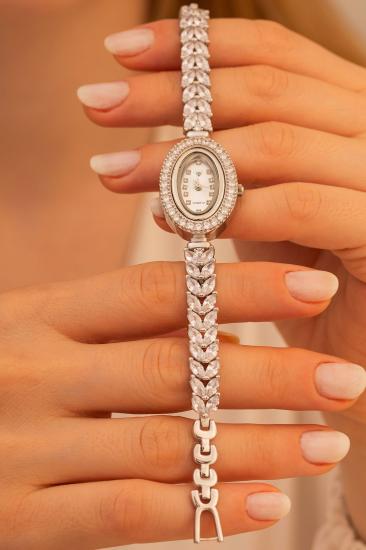 Vog Kadın Gümüş Saat -  Zirkon Taşlı Yaprak Desen Kordon 925 Ayar Gümüş Sevgiliye- Eşe Hediye Saat