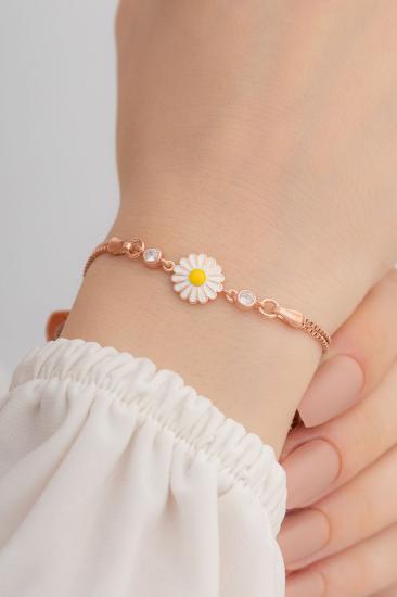 Vog Zirkon Taşlı Papatya Kadın 925 Ayar Gümüş Rose Renk Sevgiliye,Anneye,Eşe Hediye Bileklik 