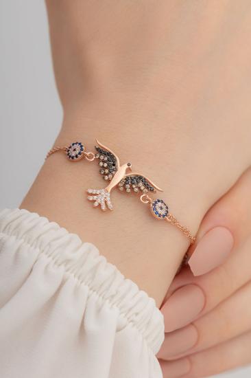 Vog Nazarlıklı Zümrüdü Anka Kuşu Model 925 Ayar Gümüş Rose Sevgiliye,Anneye,Eşe Bileklik