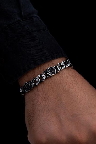 Vog Siyah Zirkon Taşlı Geometrik Şekilli Oksitli Model 3 Gümüş Sevgiliye,Babaya,Eşe Hediye Bileklik