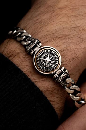 Pusula Model Gürmet Zincir 925 Ayar Gümüş Sevgiliye,Eşe,Babaya Hediye Bileklik Künye