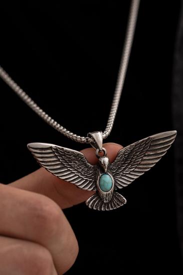 Vog Kartal Fİgür Turkuaz Taş Detaylı Paslanmaz Çelik Sevgiliye Eşe Babaya Arkadaşa Hediye Kolye